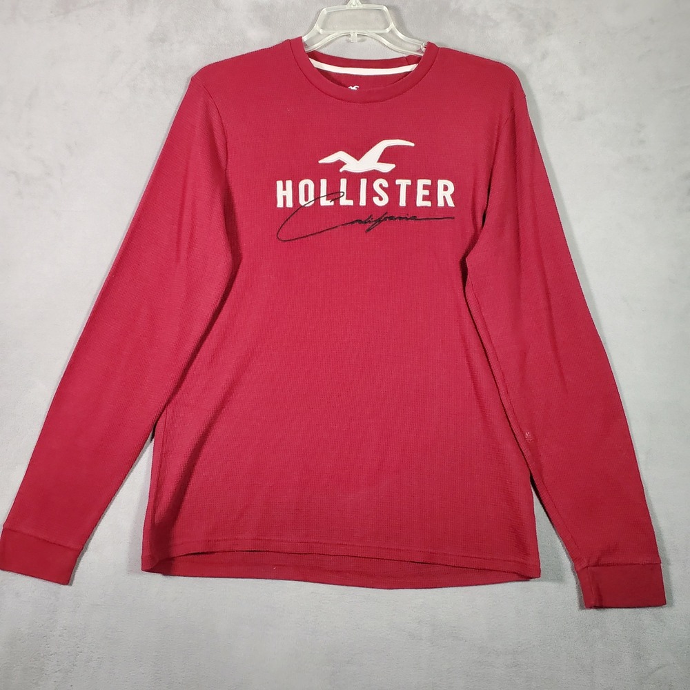 Hollister Y2K Thermal Shirt Mens L‎ Red Waffle Knit Stitched Logo Long Sleeve